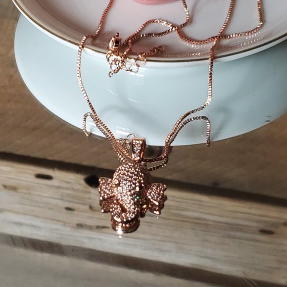 Crystal Elephant Head Necklace - Solid Copper, Rose Gold Plated, AAA CZ. - Picture 9 of 11